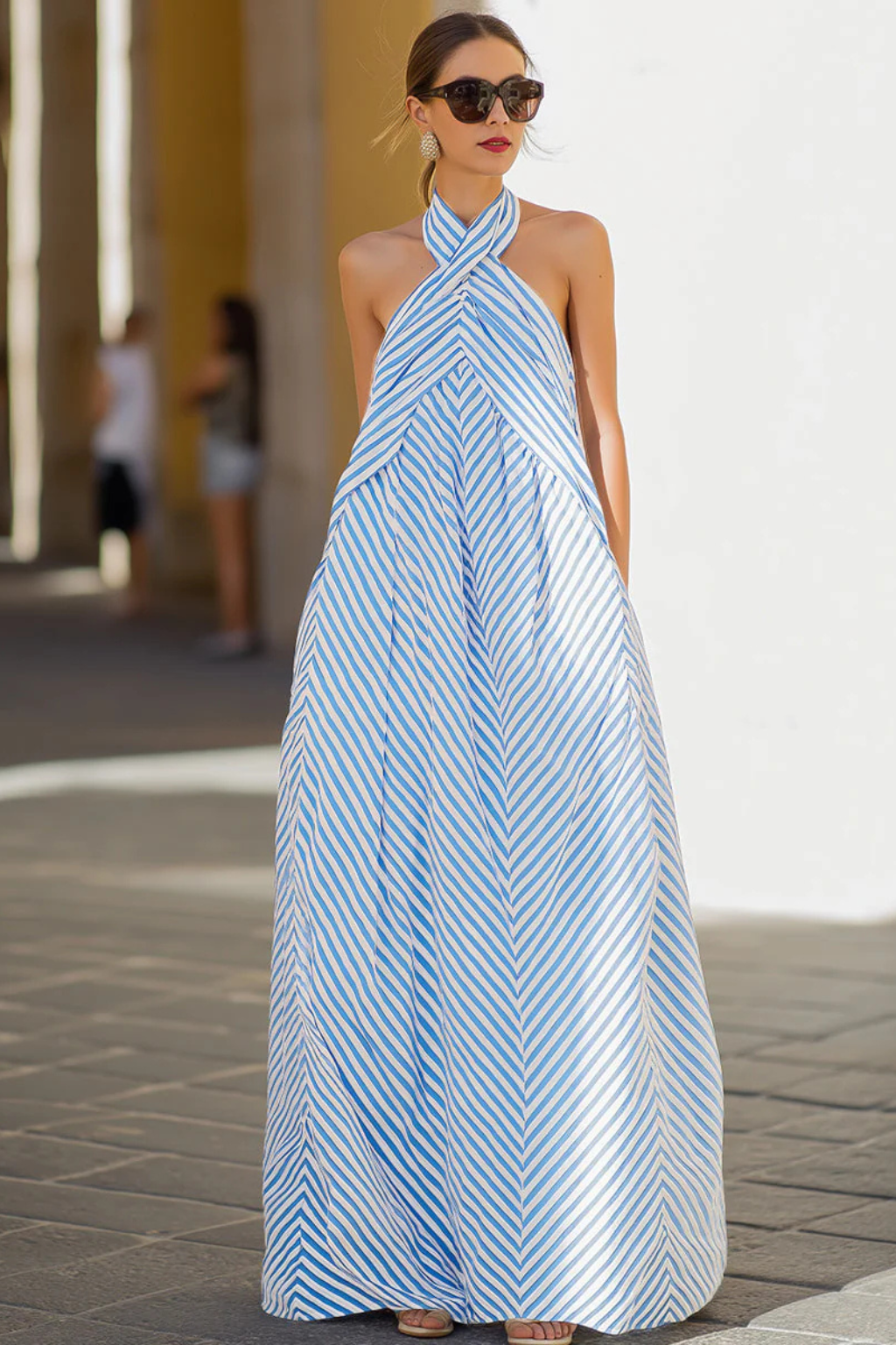 Robe longue femme estivale à col noué motif chevron – Image 7