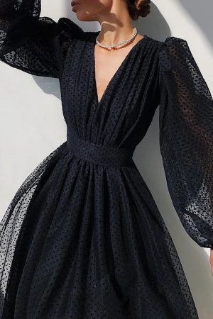 Robe midi femme à pois, manches ballon, coupe trapèze élégante
