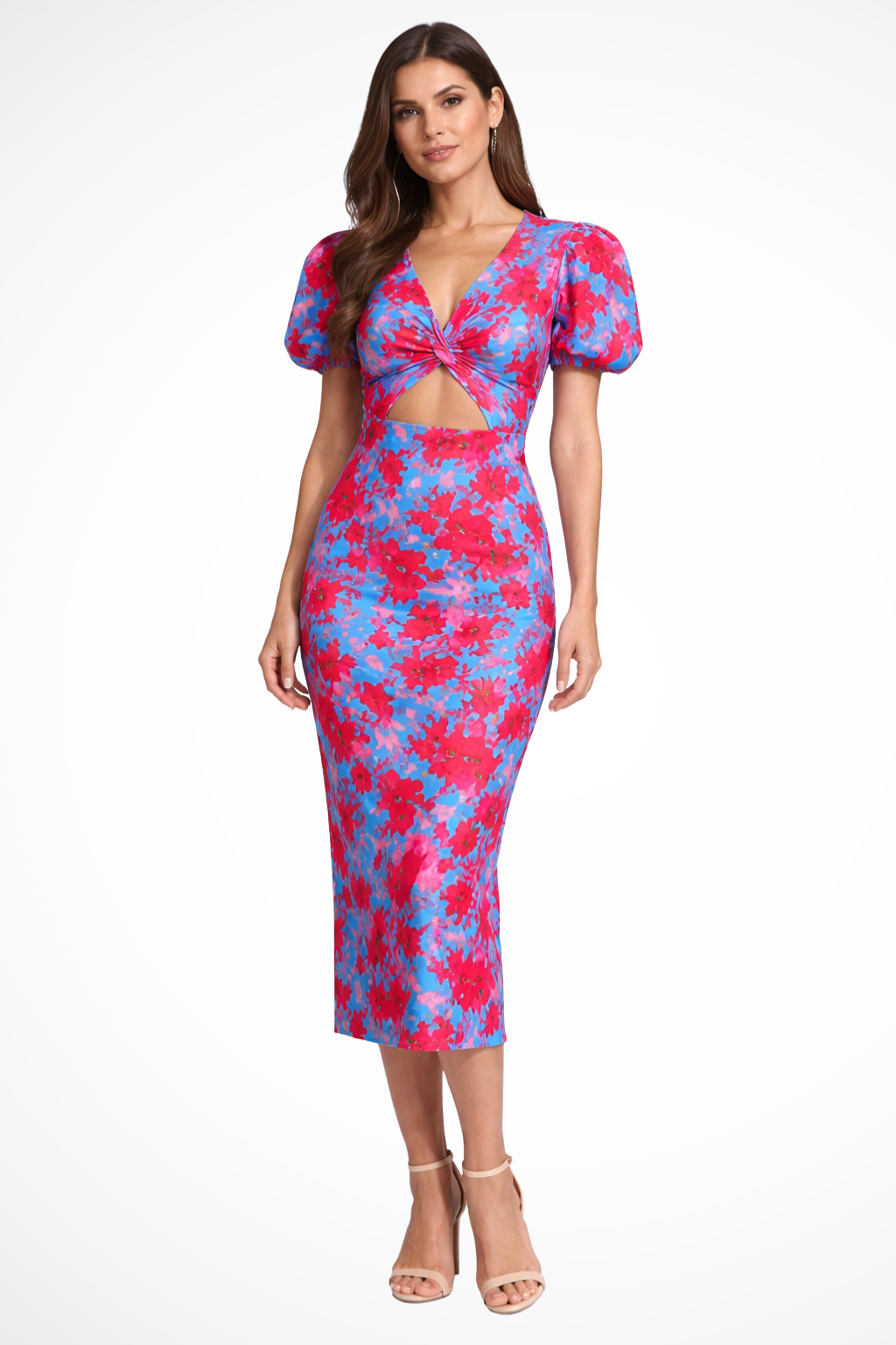 Robe Midi Fleurie Femme Manches Bouffantes Décolleté V