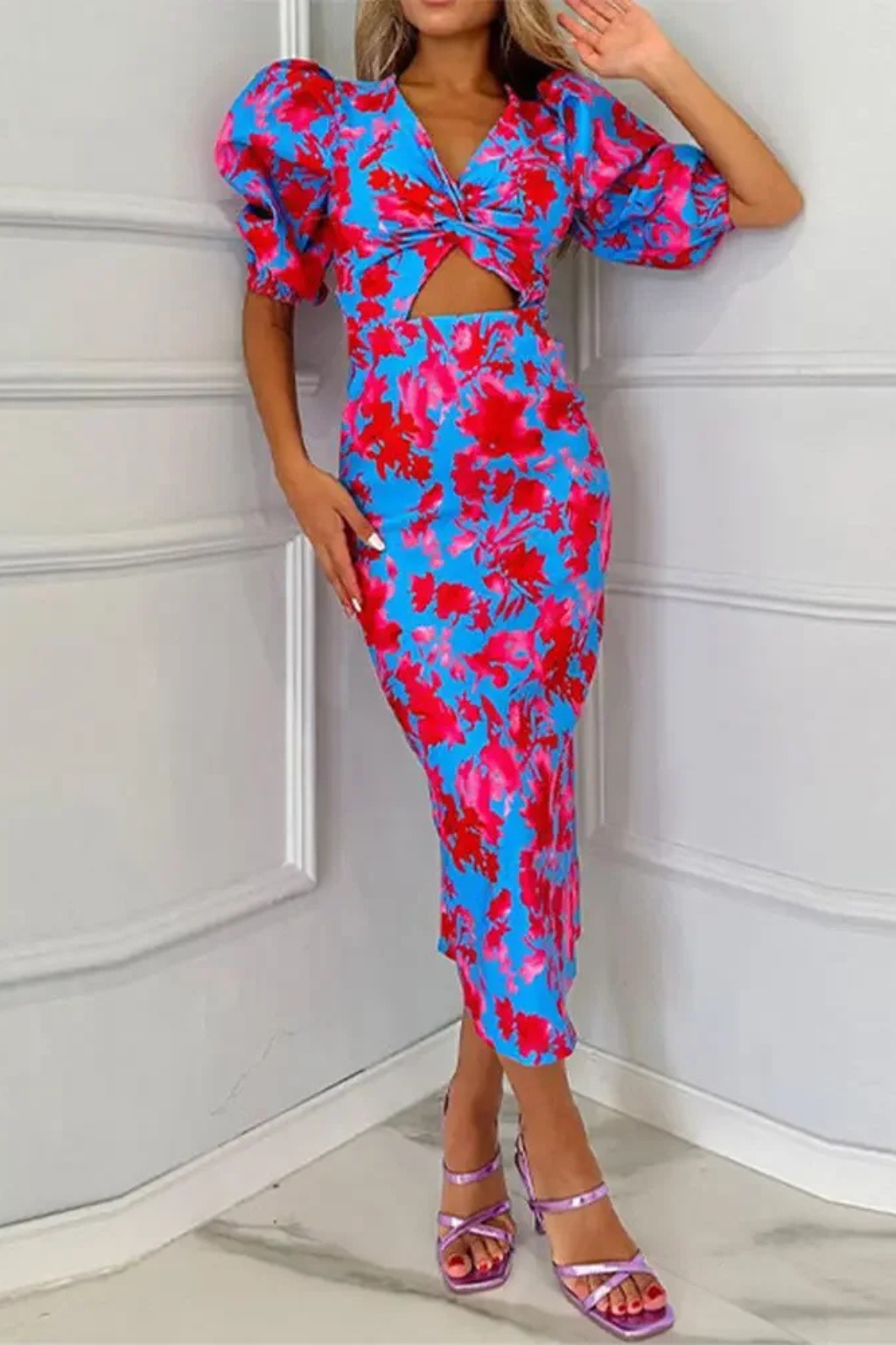 Robe Midi Fleurie Femme Manches Bouffantes Décolleté V – Image 2