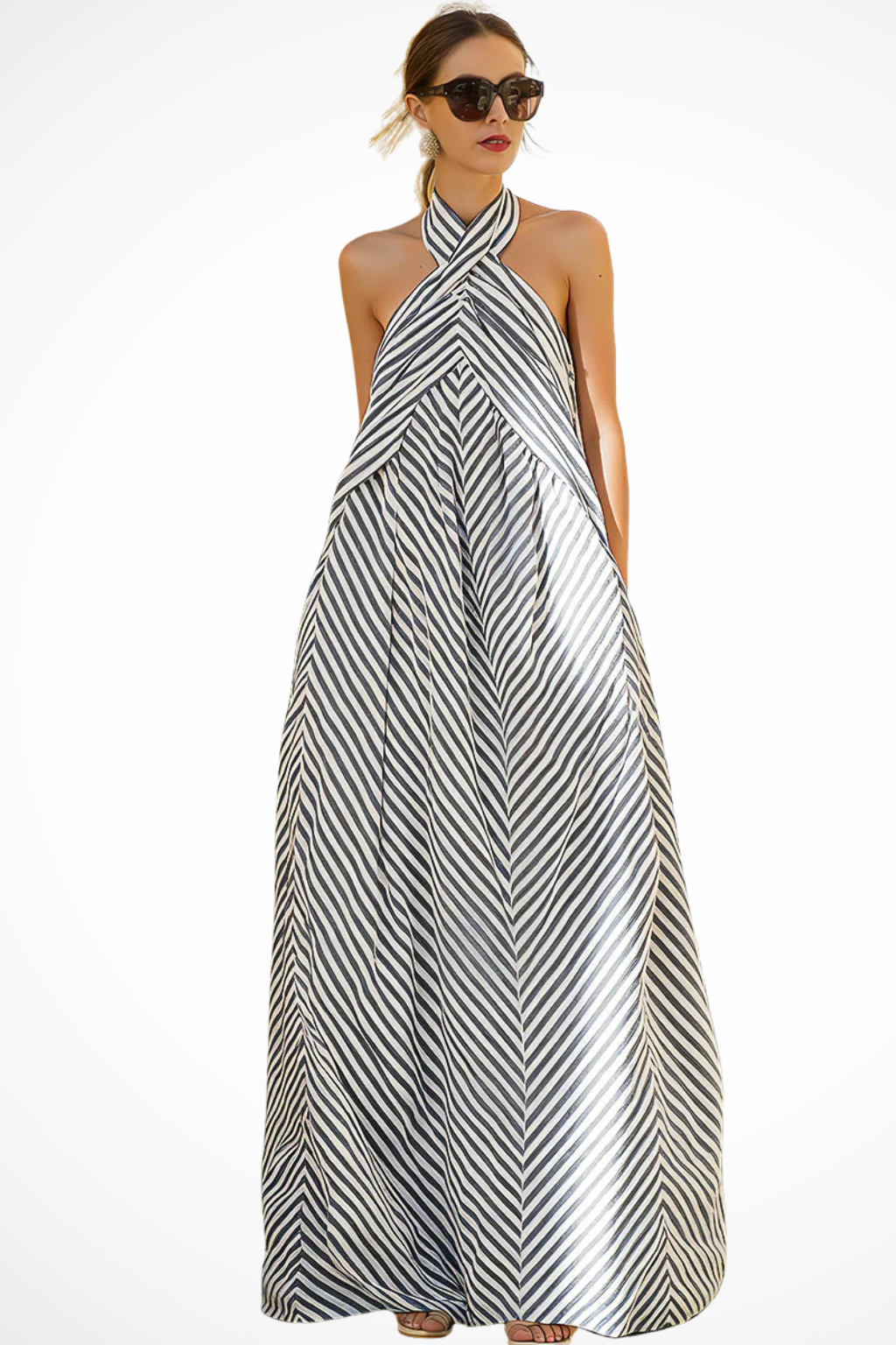 Robe longue femme estivale à col noué motif chevron – Image 2
