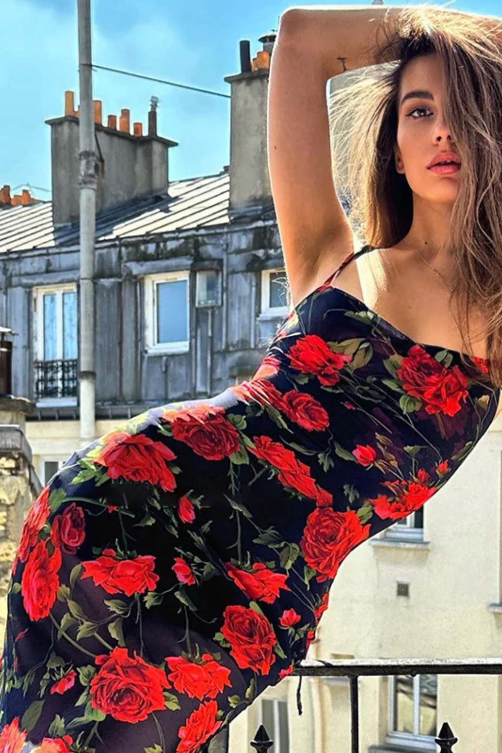 Robe longue ajustée bretelles fines motif floral été – Image 5