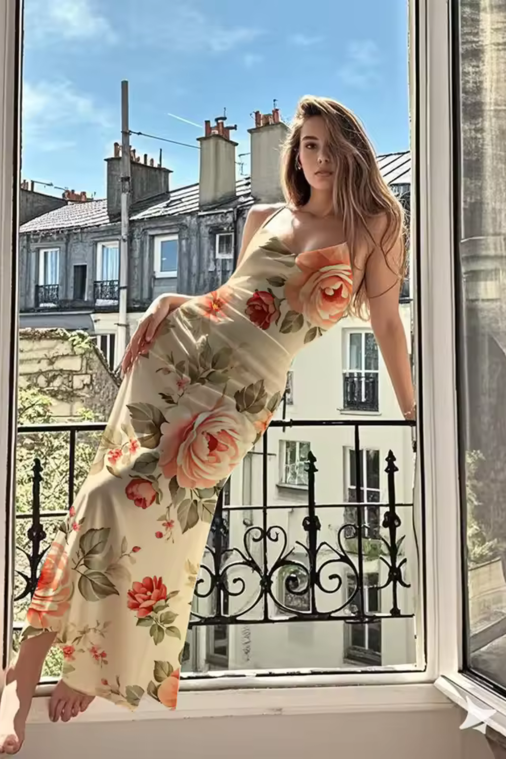 Robe longue ajustée bretelles fines motif floral été – Image 4
