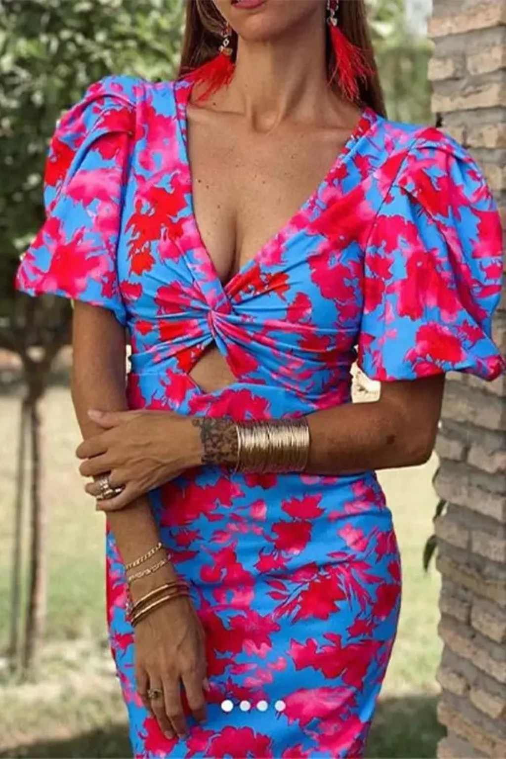Robe Midi Fleurie Femme Manches Bouffantes Décolleté V – Image 3