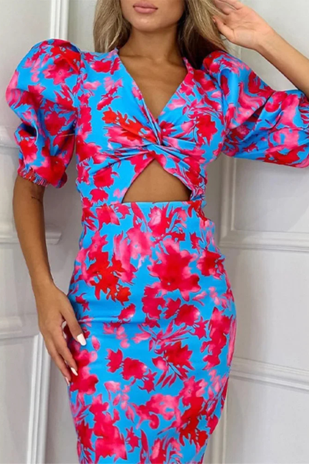 Robe Midi Fleurie Femme Manches Bouffantes Décolleté V – Image 4