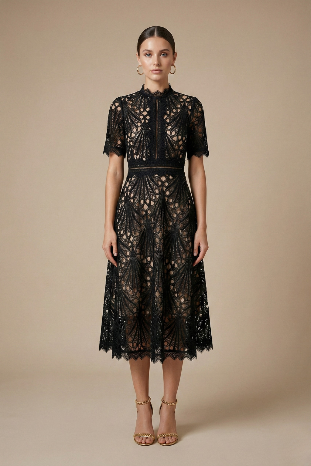 Robe Midi Femme Dentelle Col Montant Soirée Chic – Image 3