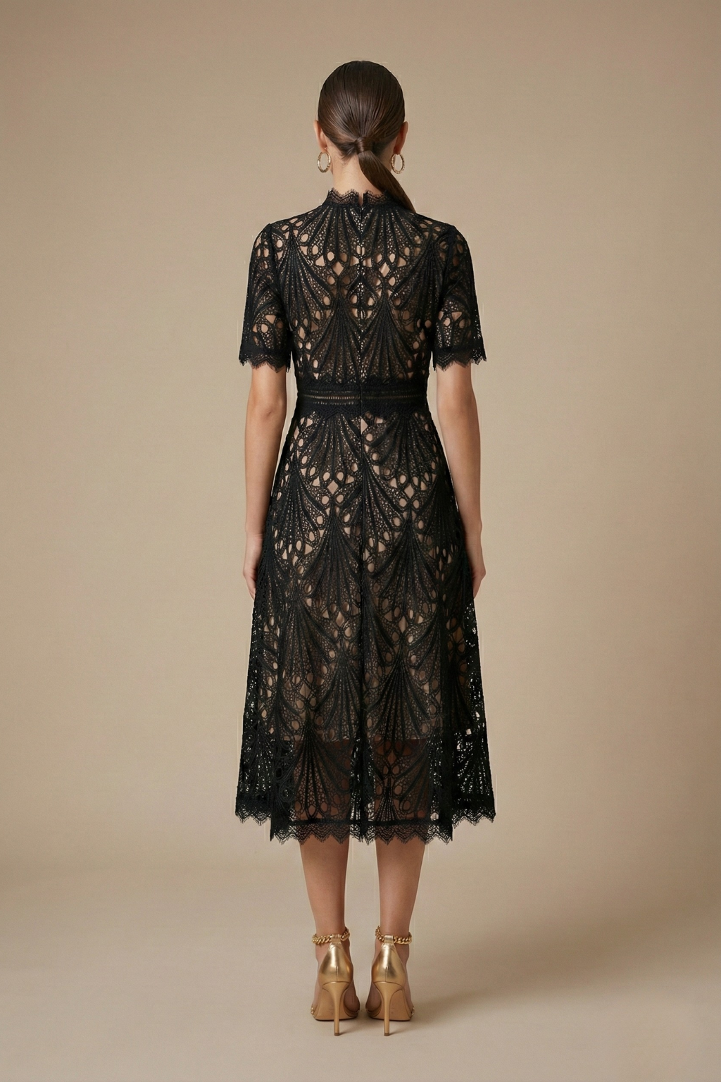 Robe Midi Femme Dentelle Col Montant Soirée Chic – Image 5