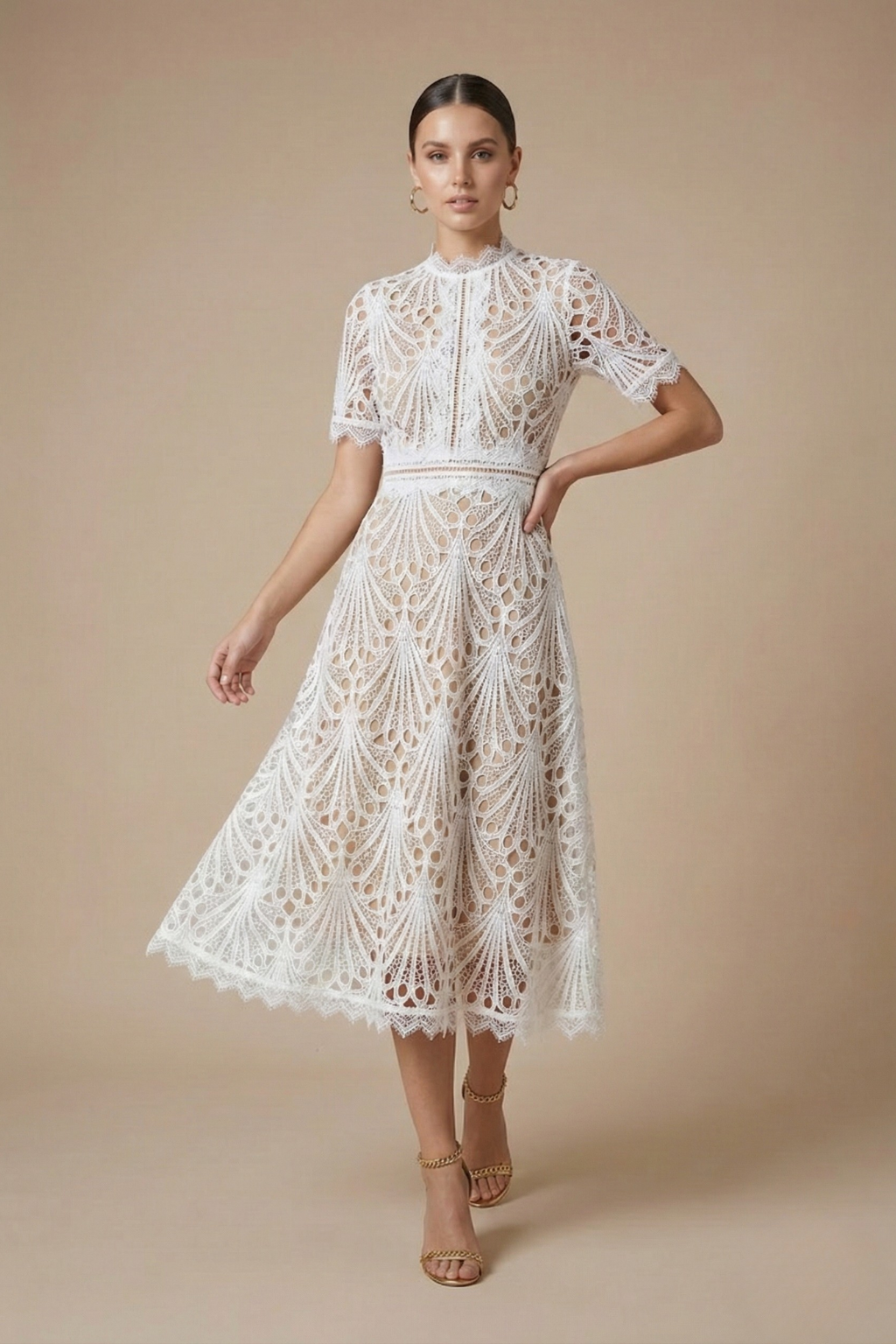 Robe Midi Femme Dentelle Col Montant Soirée Chic – Image 2