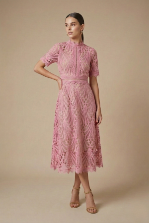 Robe Midi Femme Dentelle Col Montant Soirée Chic