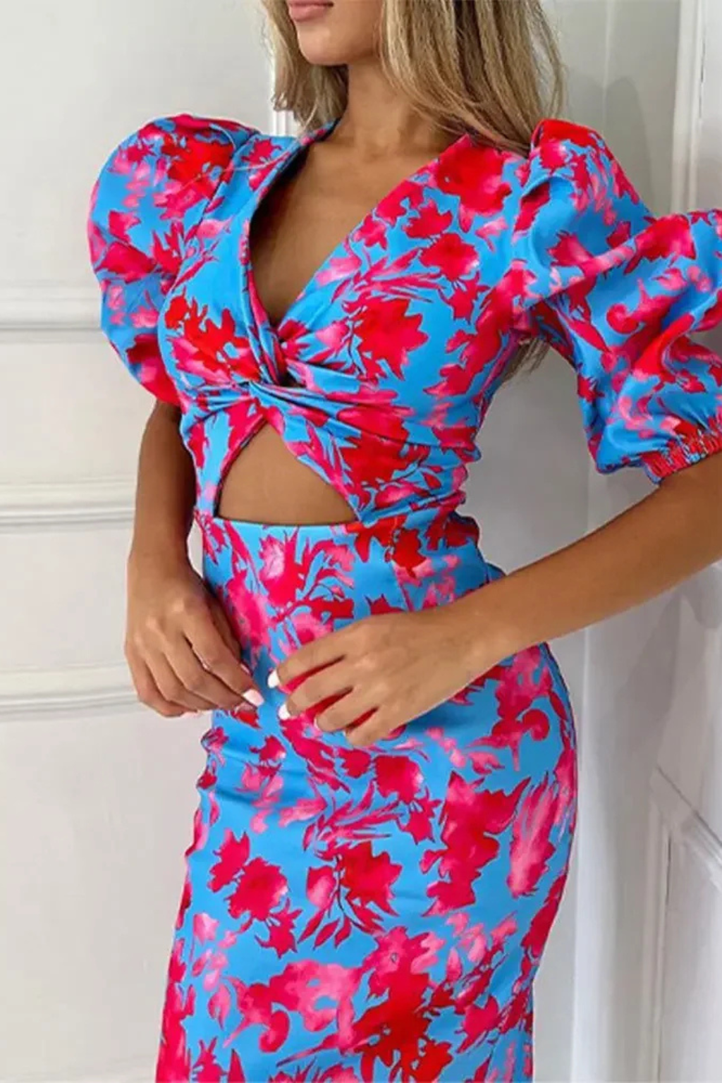 Robe Midi Fleurie Femme Manches Bouffantes Décolleté V – Image 6