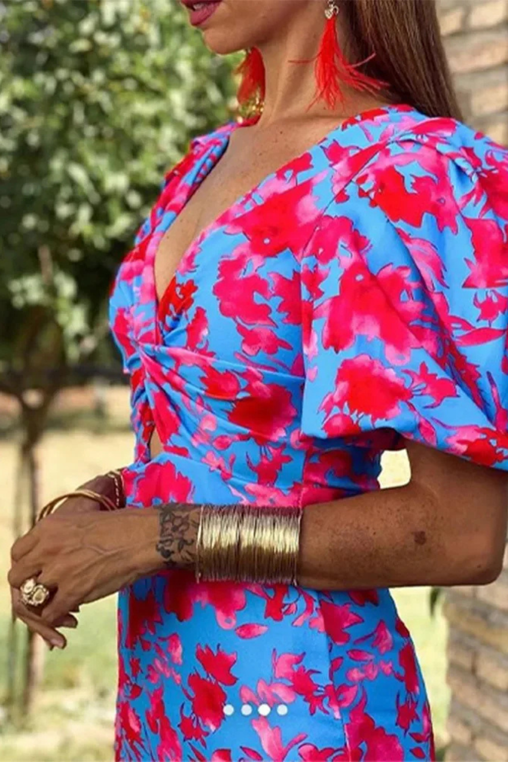 Robe Midi Fleurie Femme Manches Bouffantes Décolleté V – Image 7