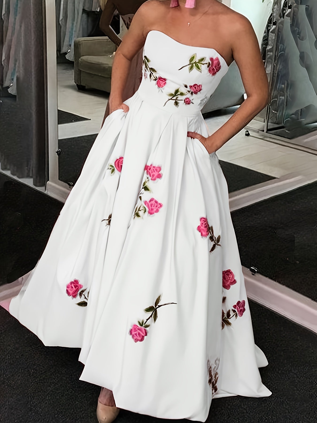Robe élégante bustier fleurie mi-longue soirée mariage – Image 2