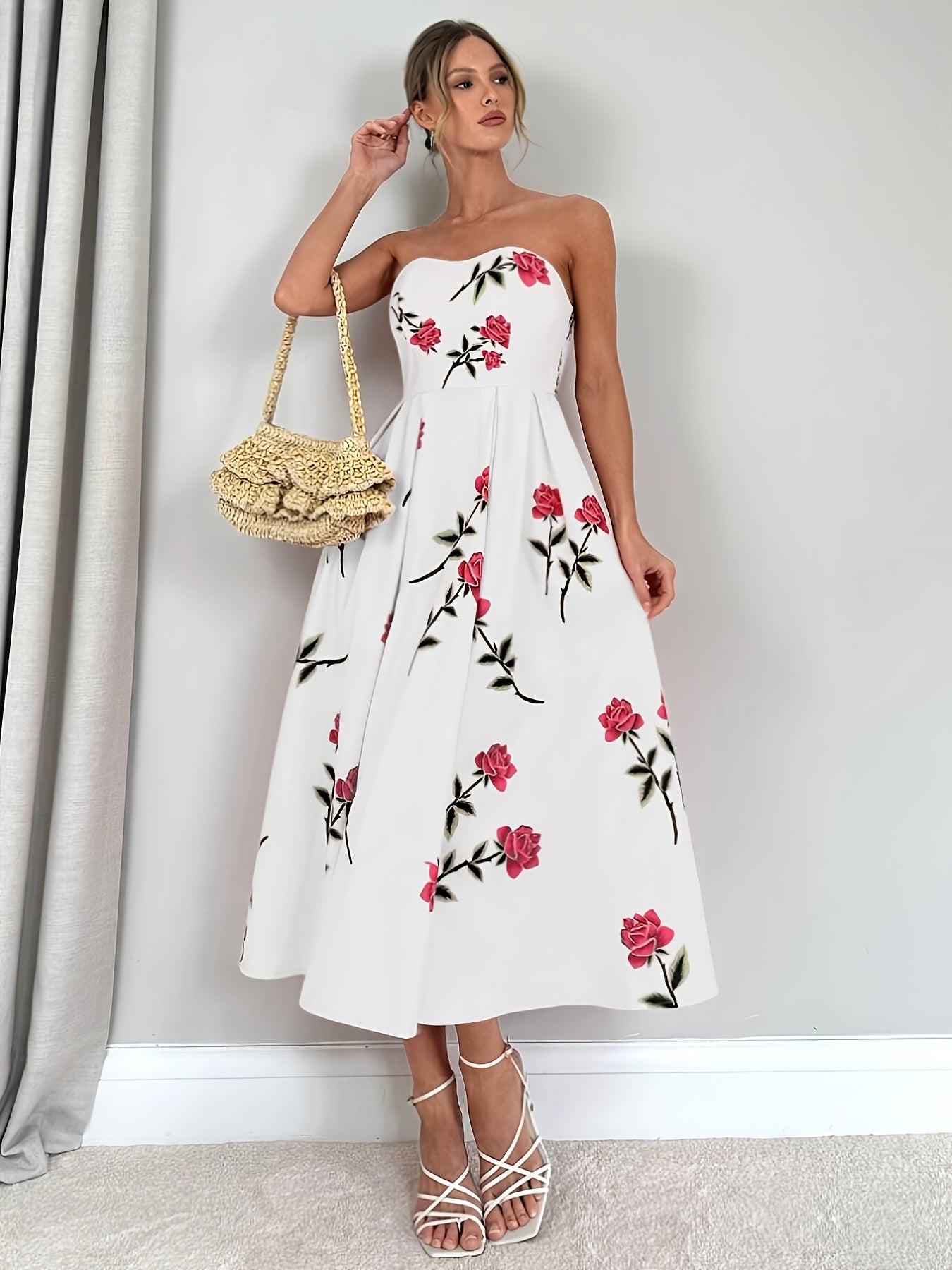 Robe élégante bustier fleurie mi-longue soirée mariage – Image 4