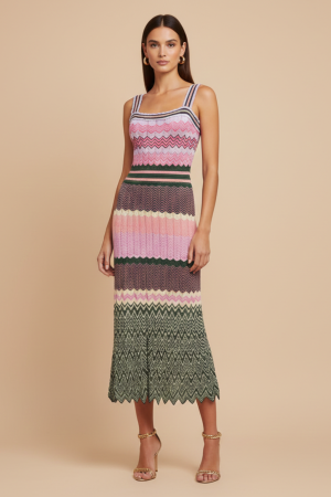 Robe Femme Maille Midi Sans Manches Motif Festonné