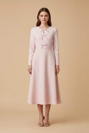 Robe Midi Rose Élégante Nœuds Col Fendu Manches Longues