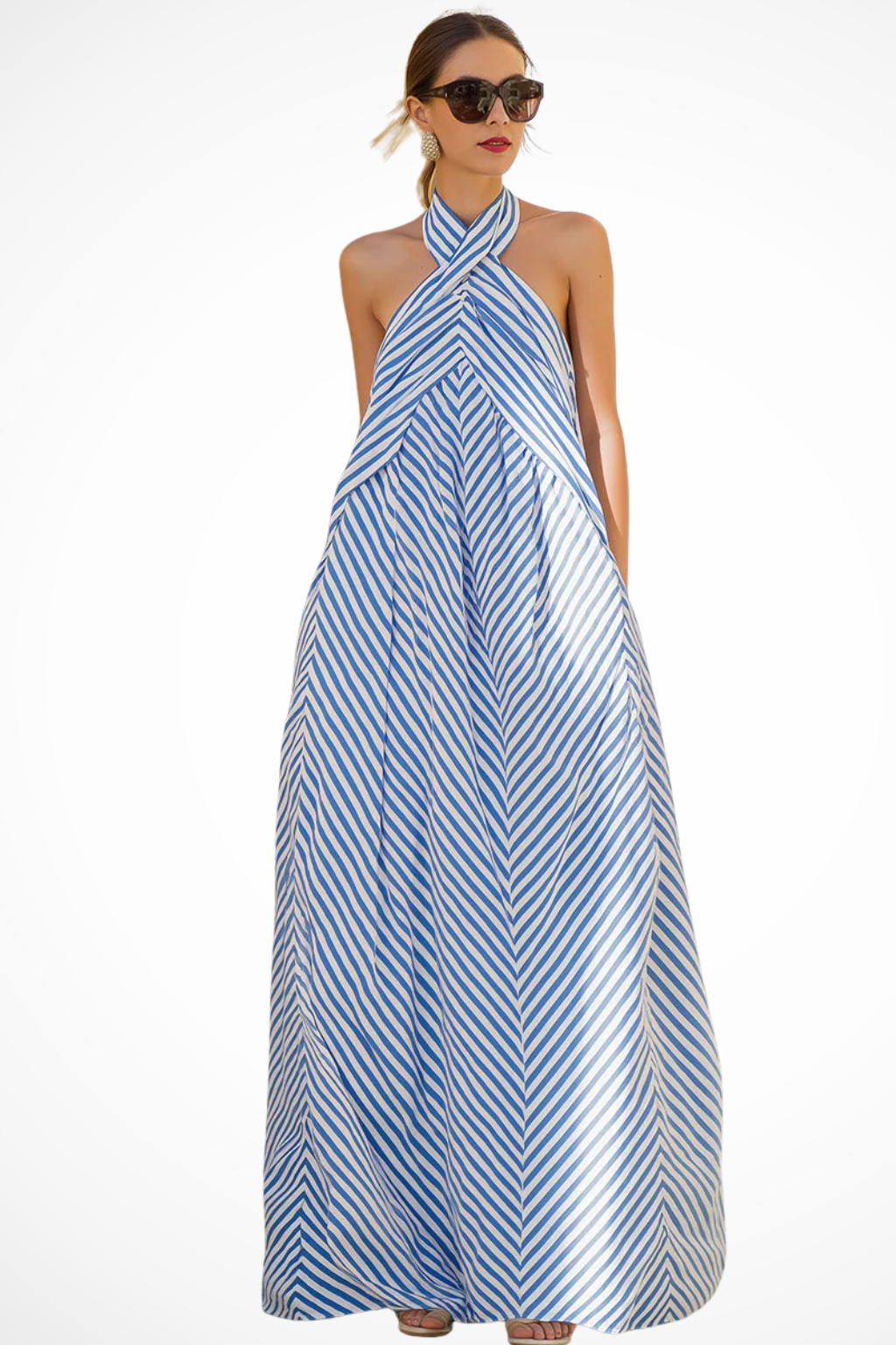 Robe longue femme estivale à col noué motif chevron