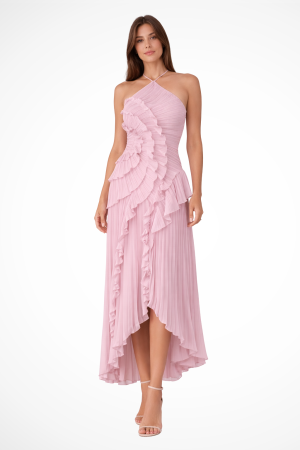 Robe de soirée fluide à volants dos ouvert asymétrique