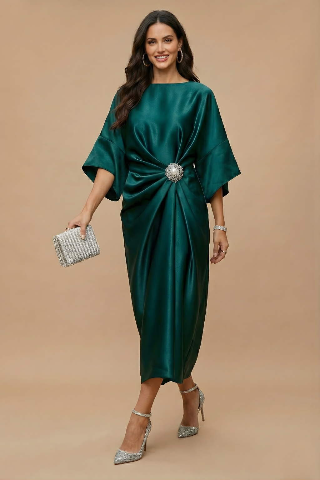 Robe longue femme soirée manches évasées taille drapée – Image 3