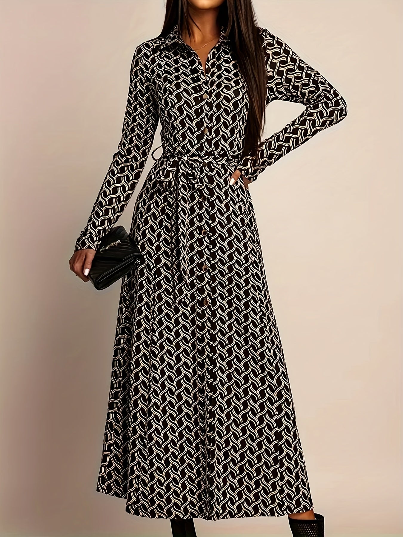 Robe chemise femme imprimé géométrique, élégance polyvalente – Image 2