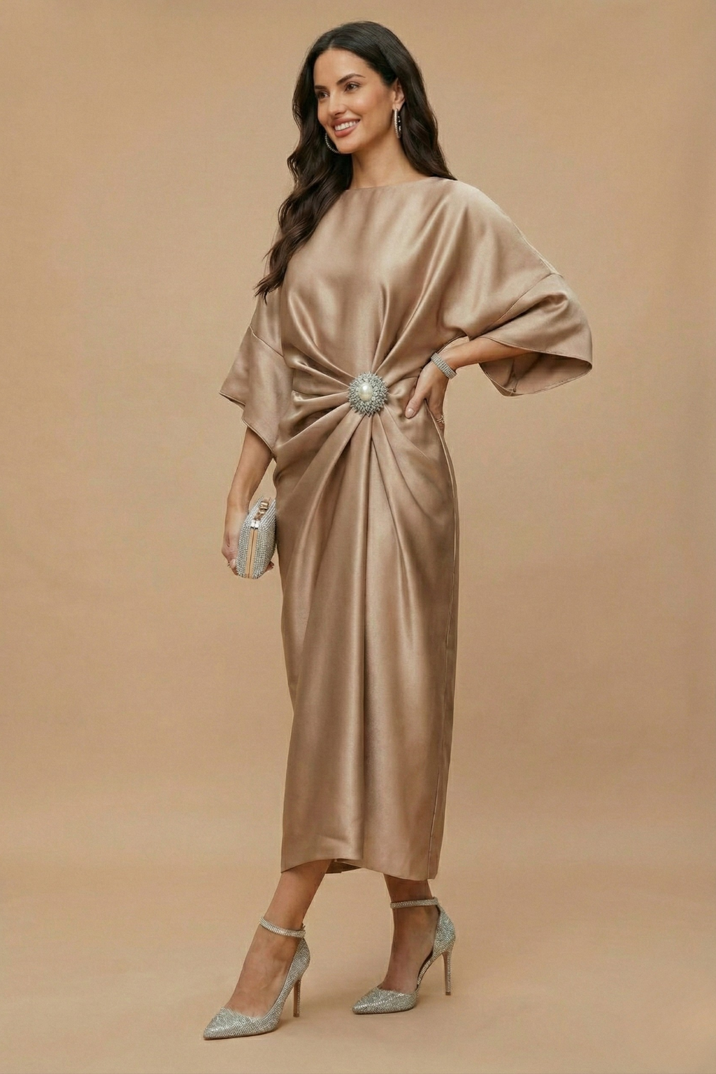 Robe longue femme soirée manches évasées taille drapée – Image 4