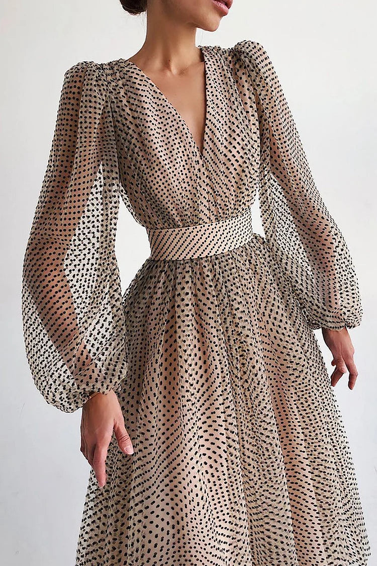 Robe midi femme à pois, manches ballon, coupe trapèze élégante – Image 2