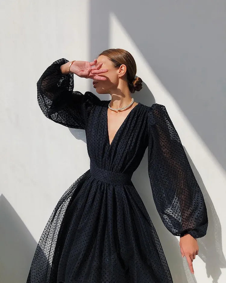 Robe midi femme à pois, manches ballon, coupe trapèze élégante – Image 4