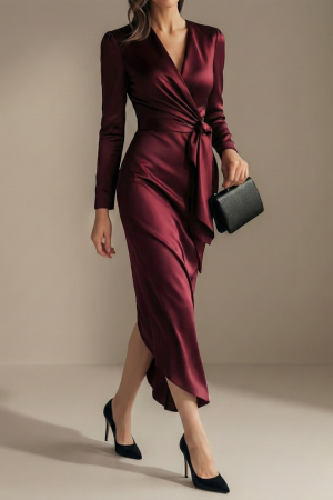 Robe Drapée Ceinturée Bordeaux Midi Manches Longues Soirée