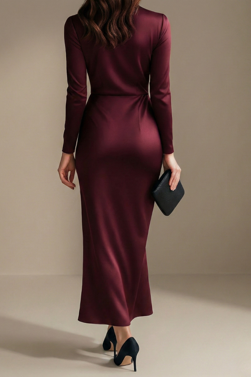 Robe Drapée Ceinturée Bordeaux Midi Manches Longues Soirée – Image 2