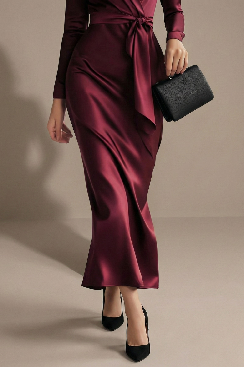 Robe Drapée Ceinturée Bordeaux Midi Manches Longues Soirée – Image 3