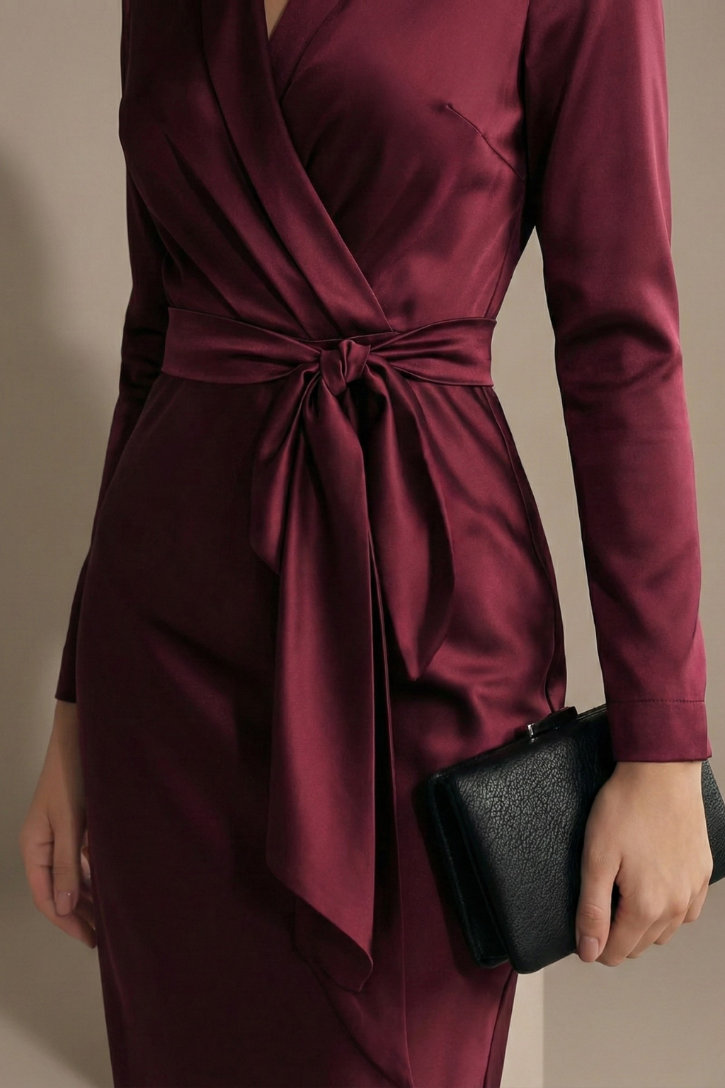 Robe Drapée Ceinturée Bordeaux Midi Manches Longues Soirée – Image 4