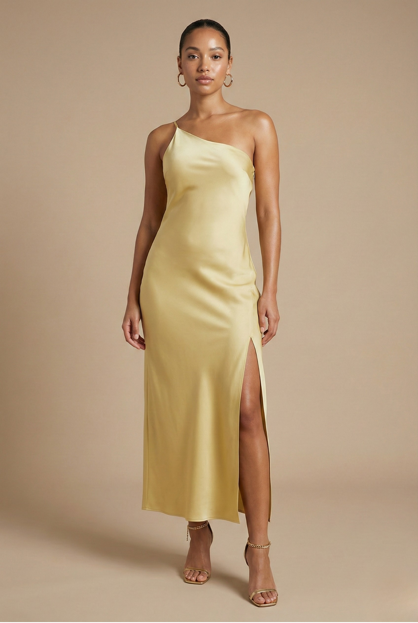 Robe mi-longue femme, bretelle unique, dos dégagé, fente – Image 7
