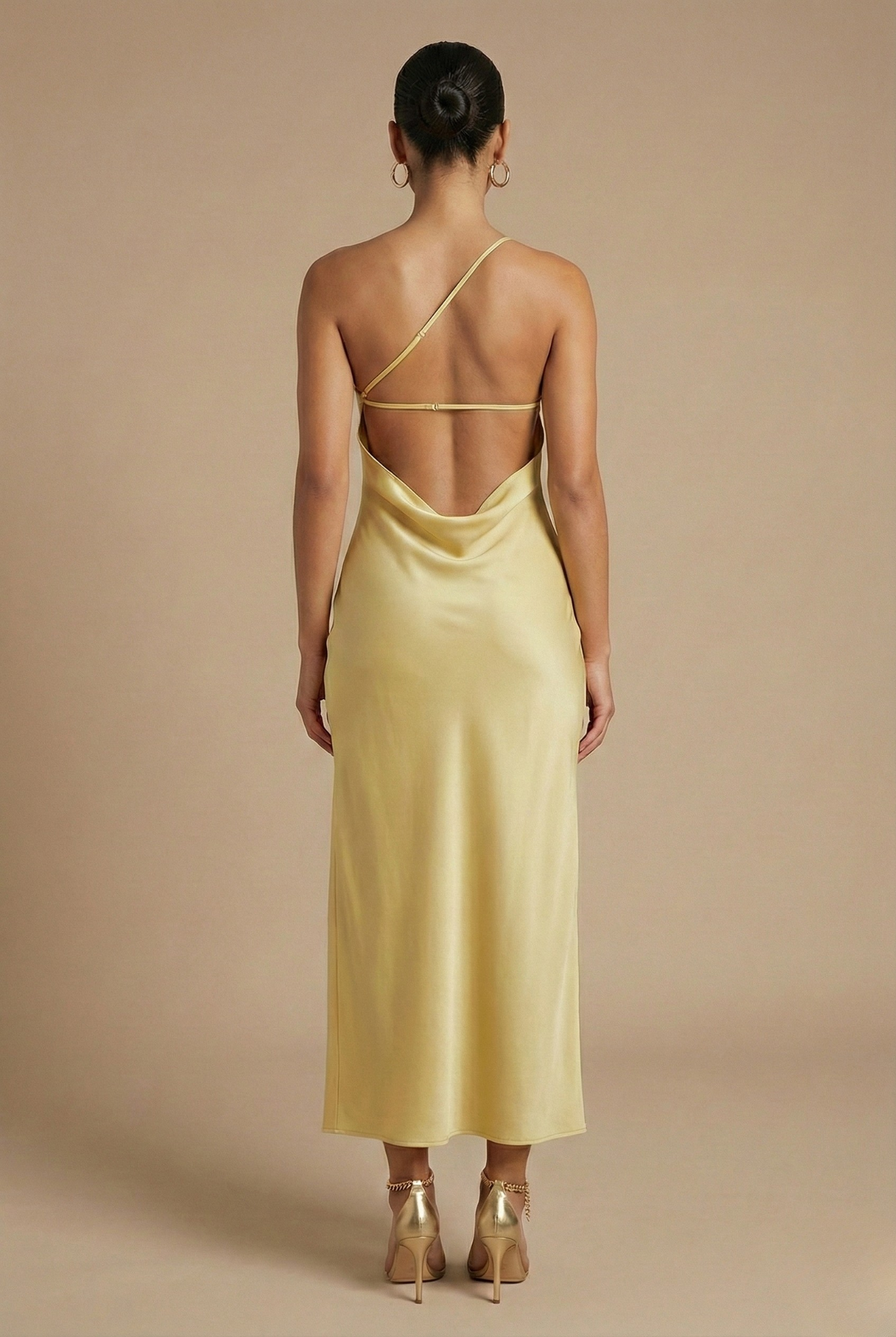 Robe mi-longue femme, bretelle unique, dos dégagé, fente – Image 8