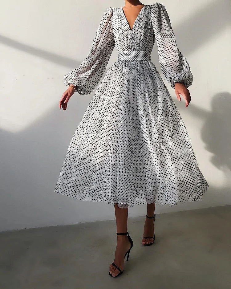 Robe midi femme à pois, manches ballon, coupe trapèze élégante – Image 3