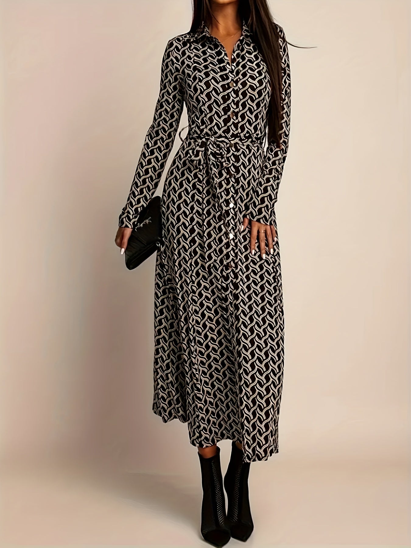 Robe chemise femme imprimé géométrique, élégance polyvalente – Image 3