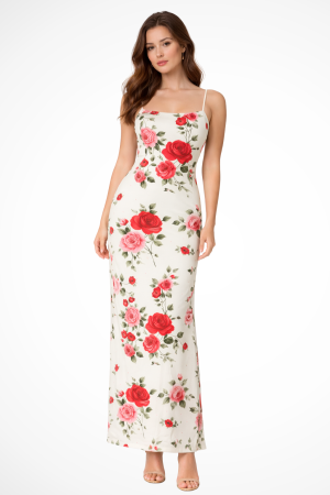 Robe longue ajustée bretelles fines motif floral été