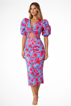 Robe Midi Femme Découpe Ventre Manches Bouffantes Florale