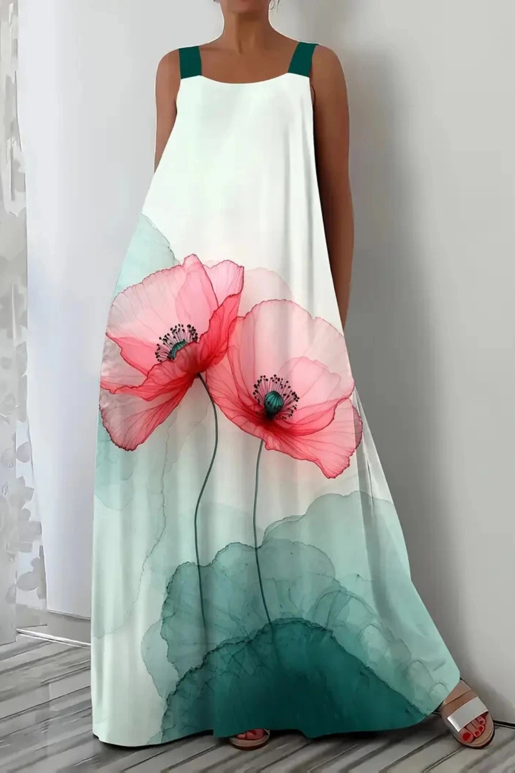 Robe femme ample épaules dégagées motif végétal – Image 12