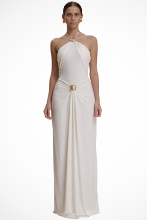 Robe drapée métal taille haute coupe droite chic