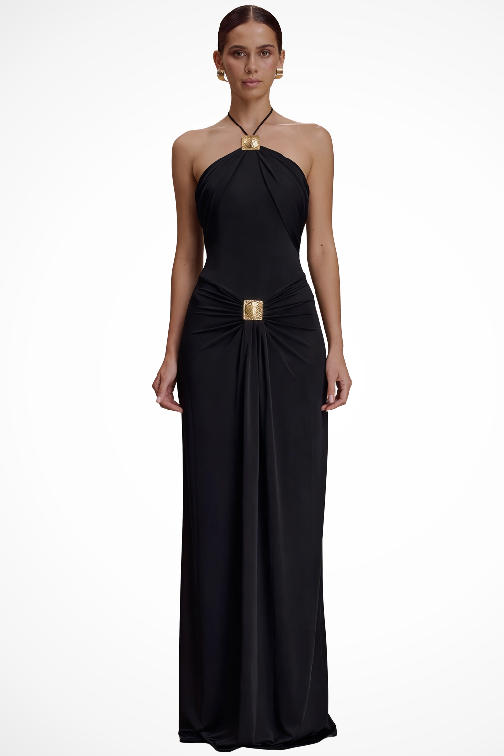 Robe drapée métal taille haute coupe droite chic – Image 2