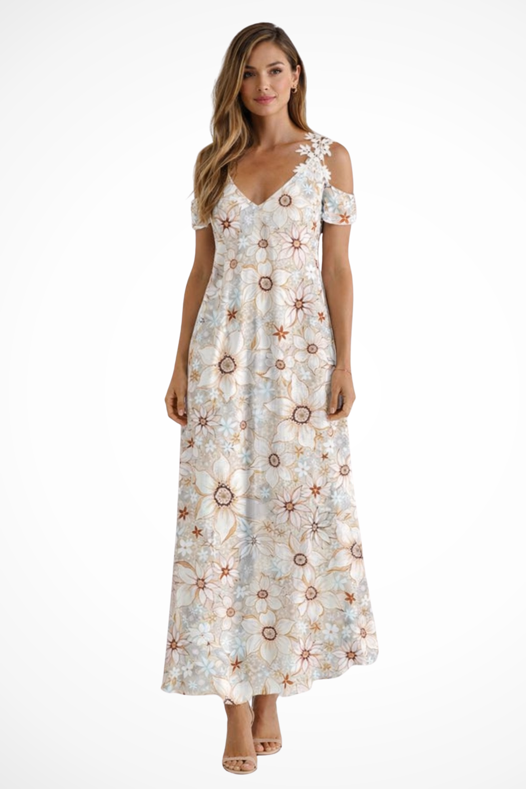 Robe florale | Coupe fluide, épaules ajourées, col V – Image 4