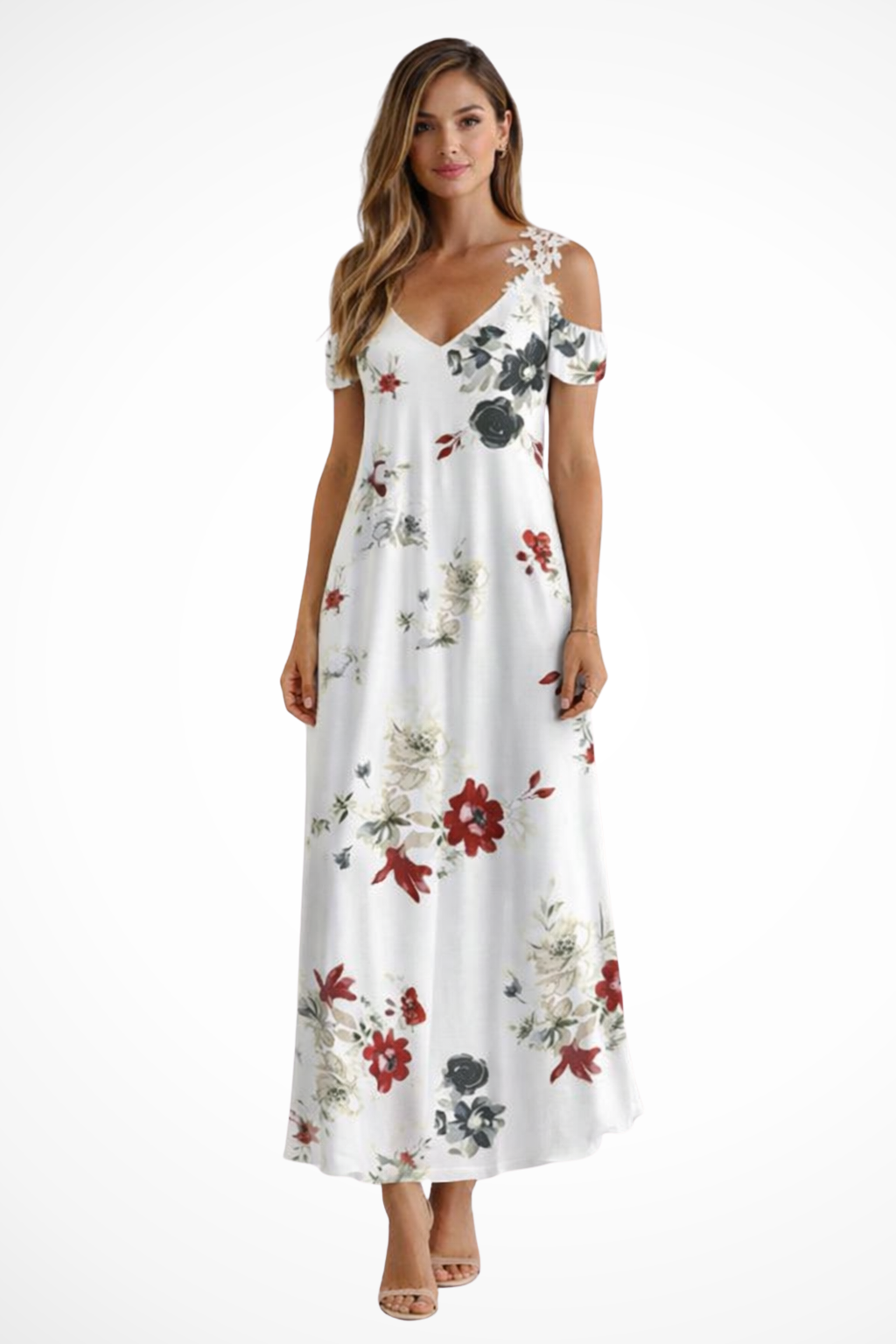 Robe florale | Coupe fluide, épaules ajourées, col V – Image 5