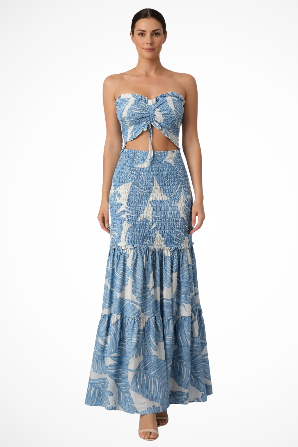 Robe d'été femme motif tropical sans bretelles ajourée – Image 3
