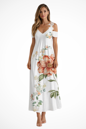 Robe florale | Coupe fluide, épaules ajourées, col V
