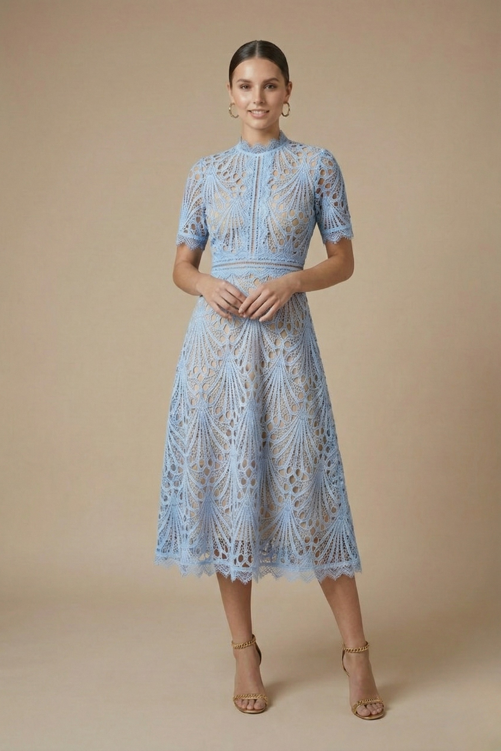 Robe Midi Femme Dentelle Col Montant Soirée Chic – Image 4
