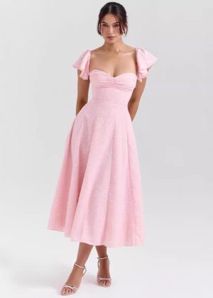 Robe midi femme col cœur manches volants soirée