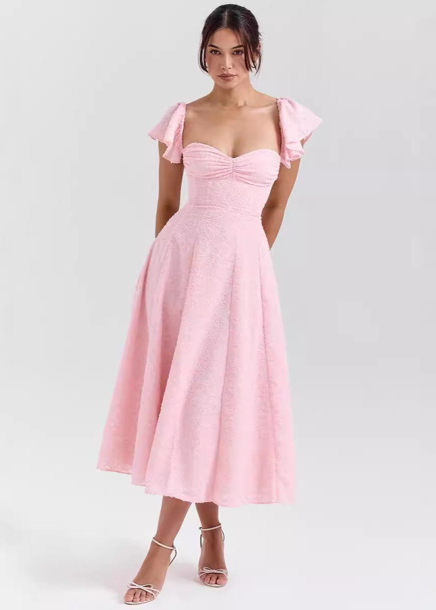 Robe midi femme col cœur manches volants soirée