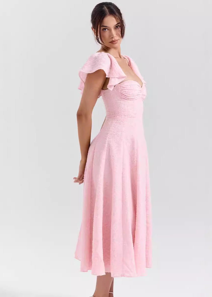 Robe midi femme col cœur manches volants soirée – Image 2