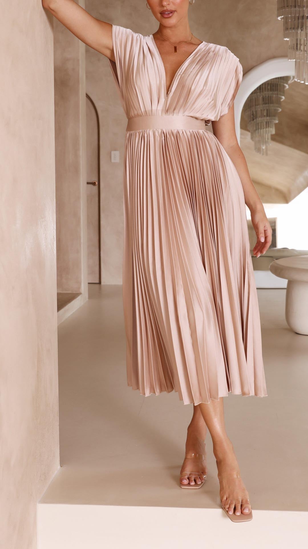 Robe de soirée plissée femme col V élégante – Image 2