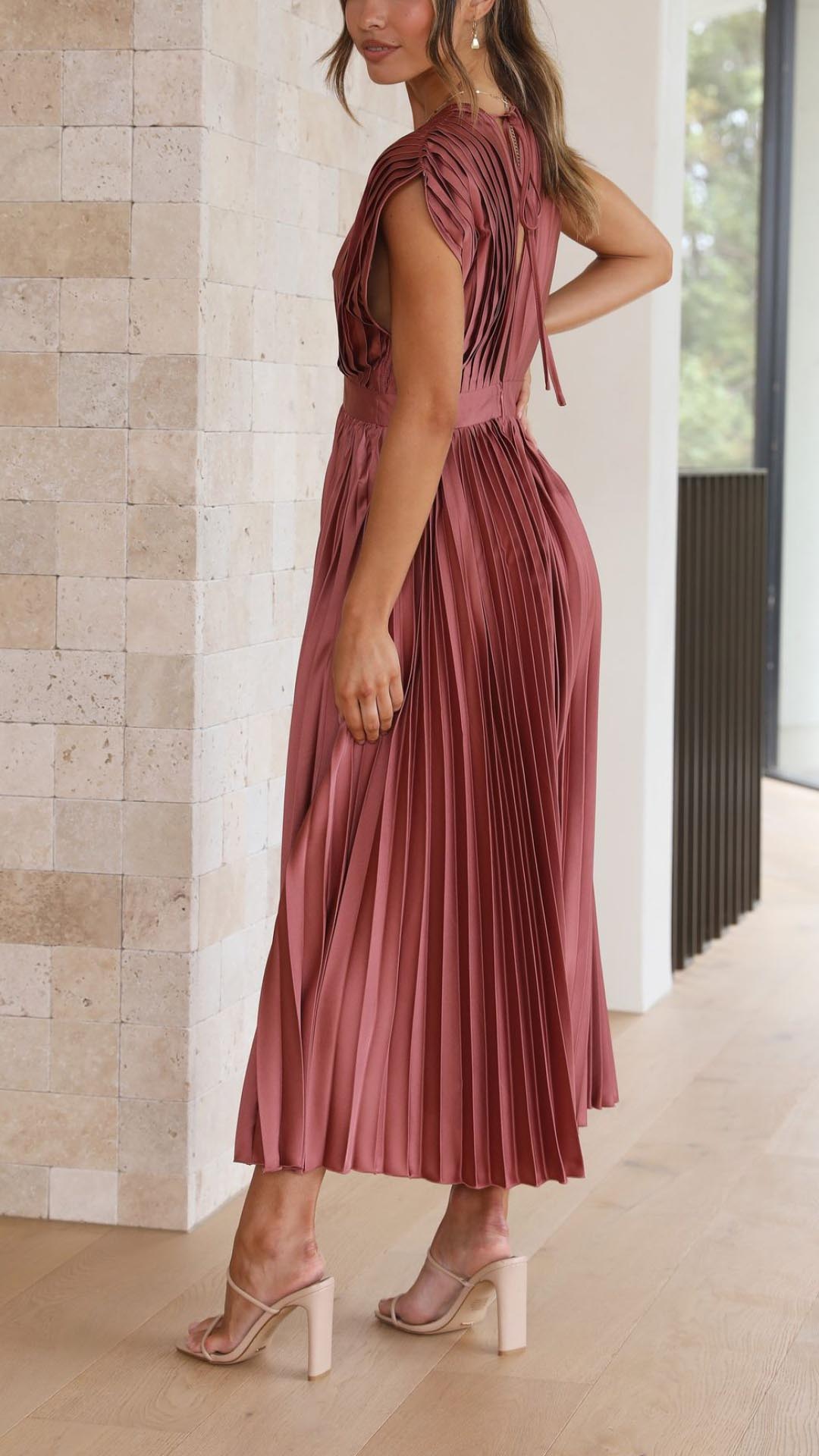 Robe de soirée plissée femme col V élégante – Image 5
