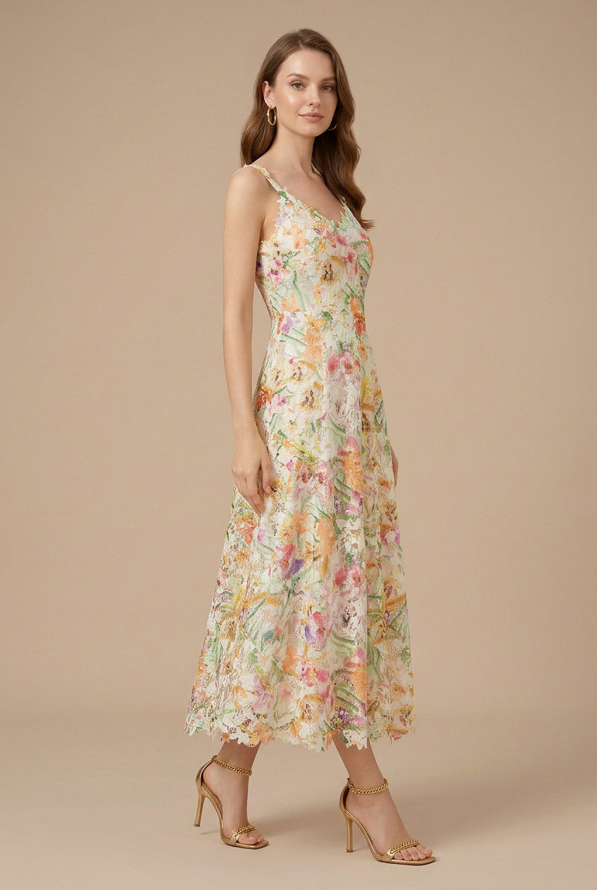 Robe Midi Femme Dentelle A-ligne Col V Cérémonie – Image 2